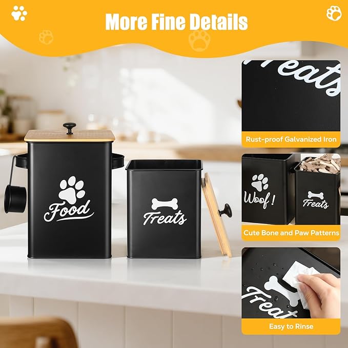 Dog Treat Container Set of 2, Dog Food Storage Containers with Airtight Lids, Metal dog treat jars for Kitchen Countertop, Pet Cookie Canister to Keep Treats Fresh, 9.4''×7.1''×9.6", Black