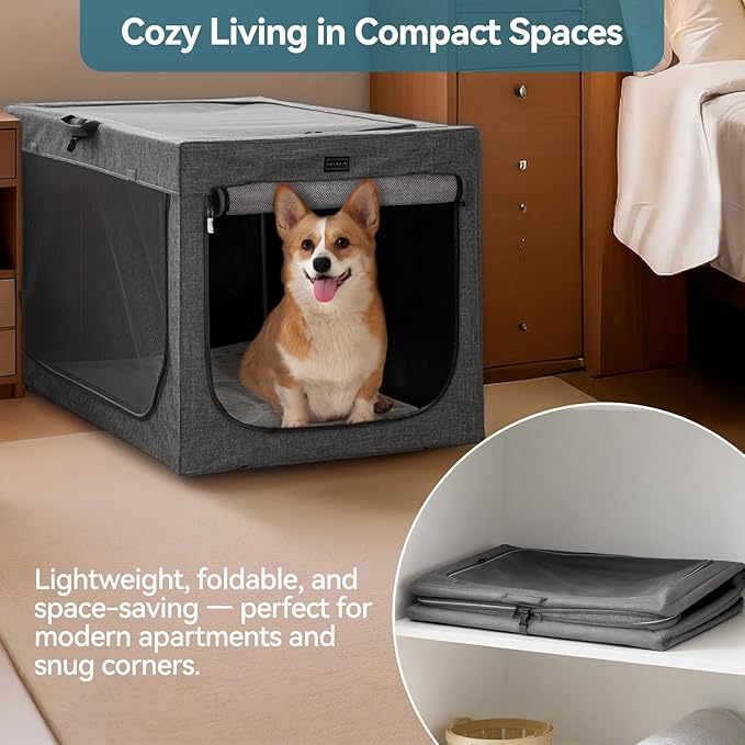 PETSFIT Portable Dog Crate for Large Dogs, – 40" Soft Dog Travel Crates with Lockable Zippers & Thicken Mat, Adjustable Patented Spiral Steel Frame, Collapsible Kennel for Indoor & Outdoor