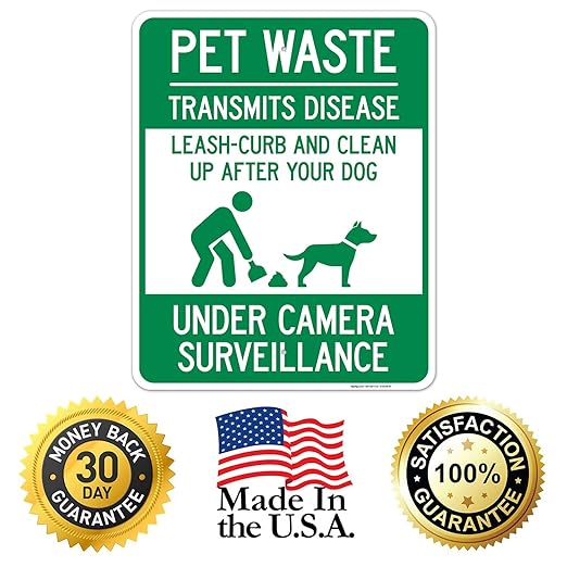 Pet Waste Leash-Curb and Clean Up After Your Dog Under Camera Surveillance Sign, 24x30 Inches, 55 mil Thick HDPS (high Density polystyrene), Made in USA