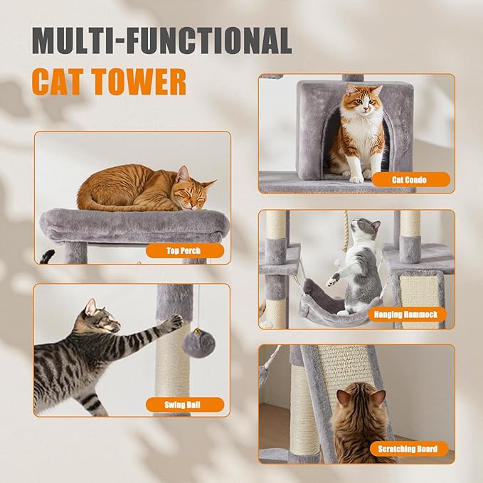 DUMOS Large 63in Cat Tree Tower, Multi Level Cat Climbing Tower with Condo, Natural Sisal Scratching Posts, Extended Platform, Hammock, Pet House for Indoor Cats and Kittens Play, Light Grey