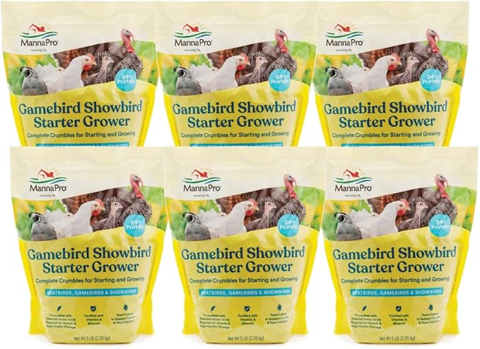 Manna Pro Gamebird Showbird Crumbles, Vitamin and Mineral Supplement for Poultry, Supports Growth, Feathering, and Overall Health, Complete Nutrition for Game and Show Birds, 6-Pack of 5 lb Bags