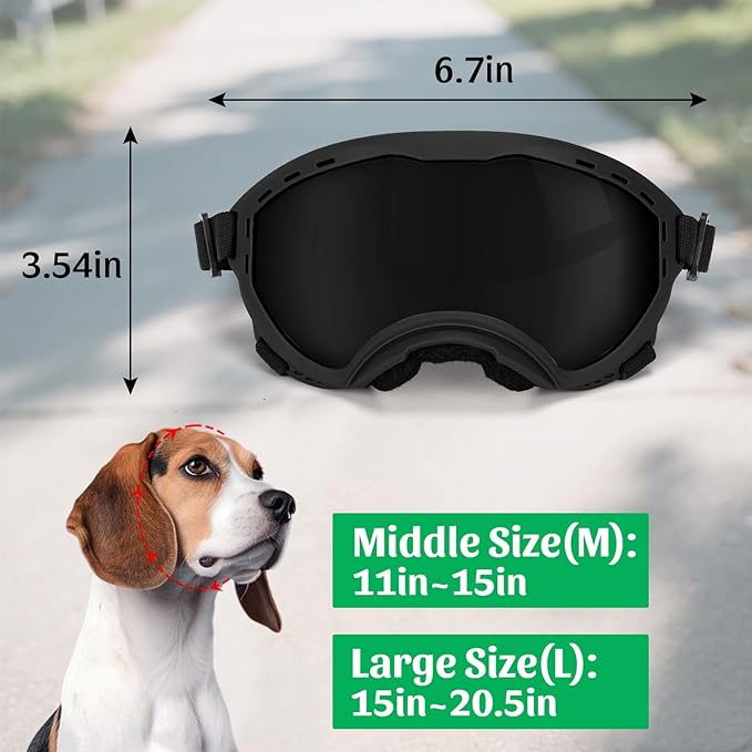 Dog Goggles for Large Dogs, Dog Sunglasses for Eyes Protection, UV Protection for Medium/Large Pet Outdoor, Windproof Anti-Fog Snowproof, Black