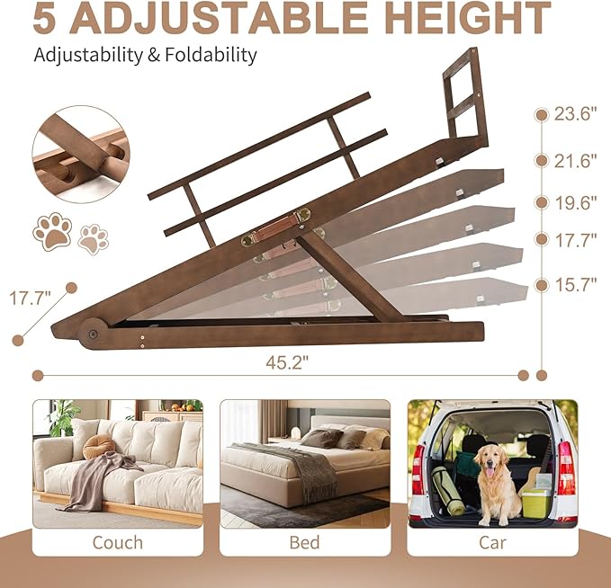 SLSY Dog Ramp for Bed, Folding Adjustable Pet Ramp with Non-Slip Rubber Mat, 45.2" Long, 5 Heights 15.7''–23.6", Portable Natural Wood Ramp for Small & Senior Dogs & Cats