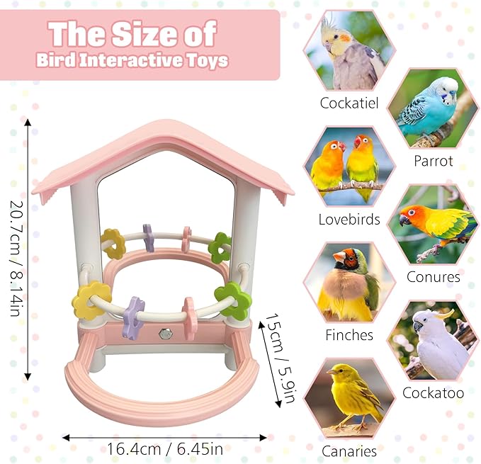 kathson Bird Mirror with Plastic Perch and 5PCS Colorful Rattan Balls Parakeet Hanging Swing with Mirror Interactive Toy Bird Cage Accessories for Cockatiel Parrot Conures Cockatoo Finch(Pink)
