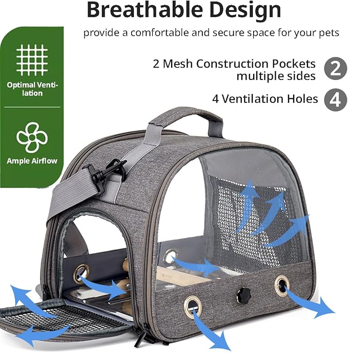 MANON ROSA Bird Carrier Backpack with Perch - Lightweight and Breathable Parrot Travel Cage with Stand Tray Shoulder Strap for Small Pets: Chinchillas, Hamsters, Squirrels, Bunnies, Kittens