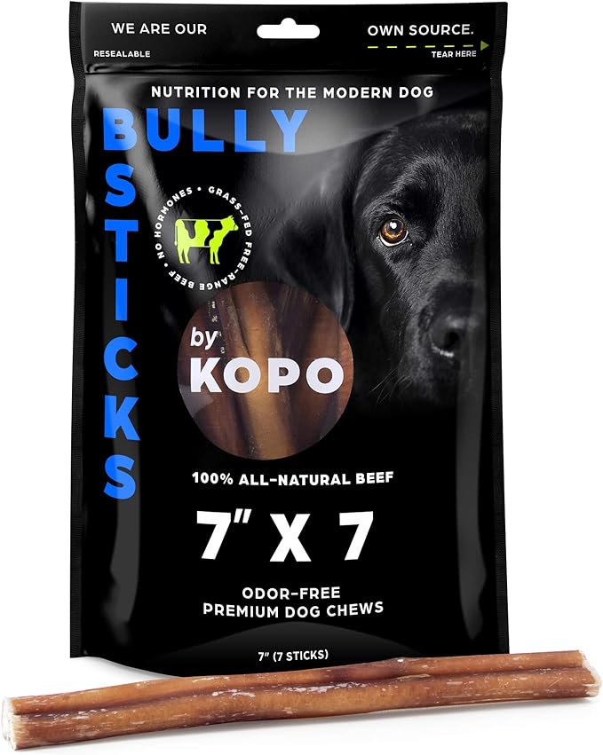 Kopo Dog Bully Sticks 7 inch - Regular Size, 7 Pack - Chew Sticks - 100% All Natural Beef Pizzle, One Ingredient Treats - More Protein Than Collagen Sticks - Long Lasting Dog Treats