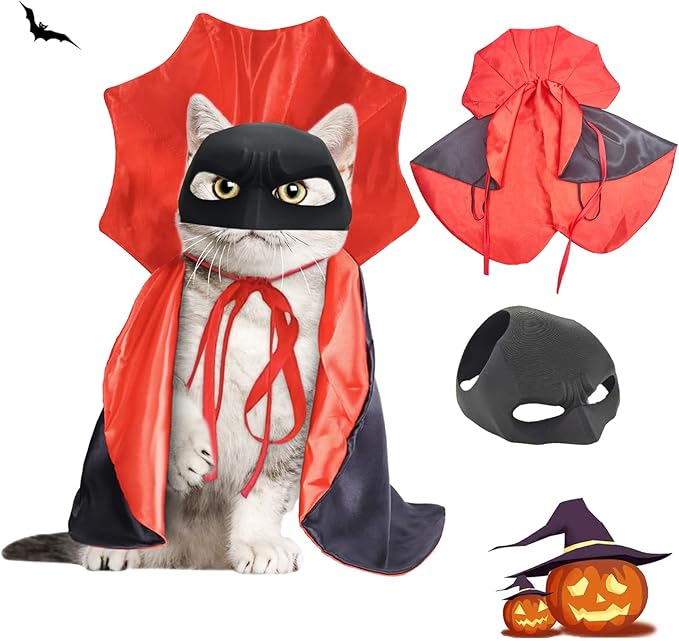 Cat Halloween Costumes, Adjustable Vampire Cape Cloak Accessories for Kitten & Small Dogs, Black Bat Cat Masks Cosplay,C at Outfits Suitable for Halloween, Costume Parties and Other Events