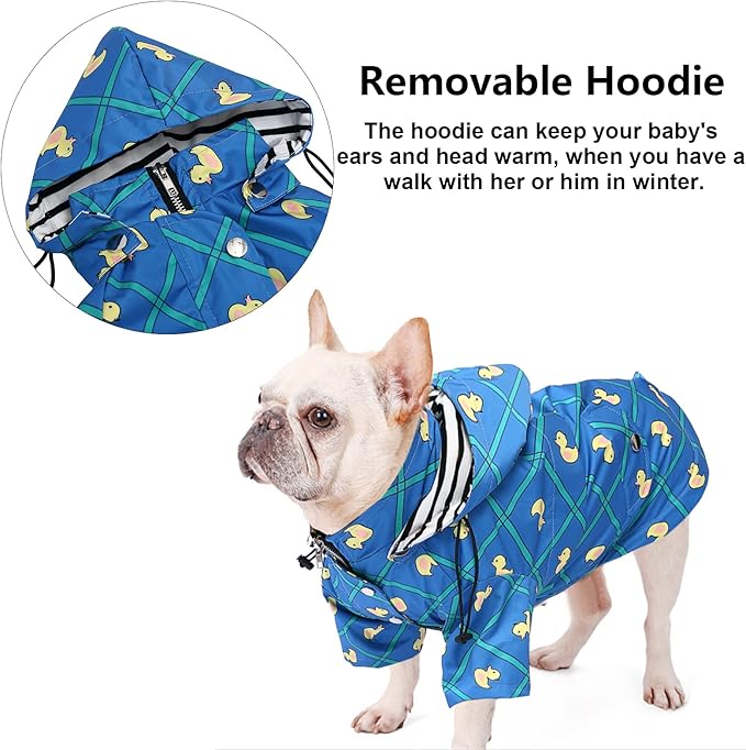 Morezi Dog Zip Up Raincoat with Reflective Buttons, Rain/Water Resistant, Adjustable Drawstring, Removable Hood, Raincoats with Legs 8lbs to 80lbs Available - Grid Blue - XXL