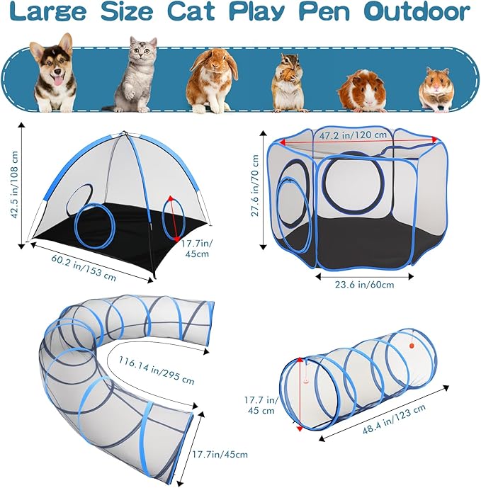Outdoor Cat Enclosure, 4-in-1 Cat Tent Outdoor Pet Playpen with Tunnel, Portable Catio Play Pen for Outside and Indoor Cat Enclosure with Storage Bag for Kitty and Small Animals