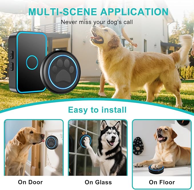 Dog Door Bell for Potty Training, Smart Wireless Doggie Doorbell to Go Outside, 1000 Feet Long Range with IP65 Waterproof Super-Light Touch Button, 60 Melodies & Adjustable Volume (2 Button)