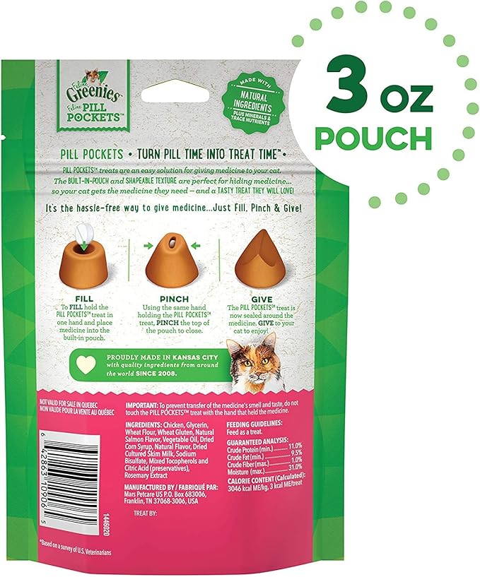 Greenies Feline Pill Pockets for Cats Natural Soft Cat Treats, Salmon Flavor, 3 oz. Pouch (85 Treats)