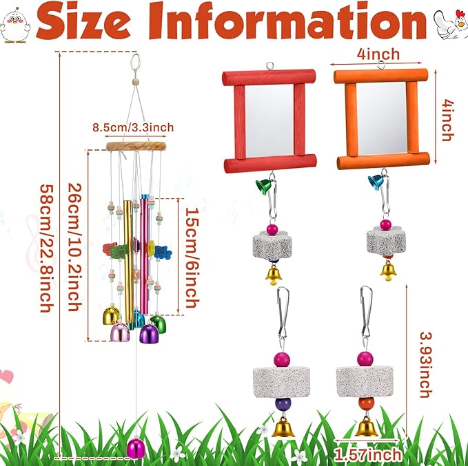 7 Pcs Chicken Toys, Hanging Chicken Wind Chime, 2 Pcs Coop Mirror Toys with Bells 4 Pack Beak Grinding Stones, Musical Coop Accessories for Hen Rooster Chick Poultry Birds(Red, Orange)