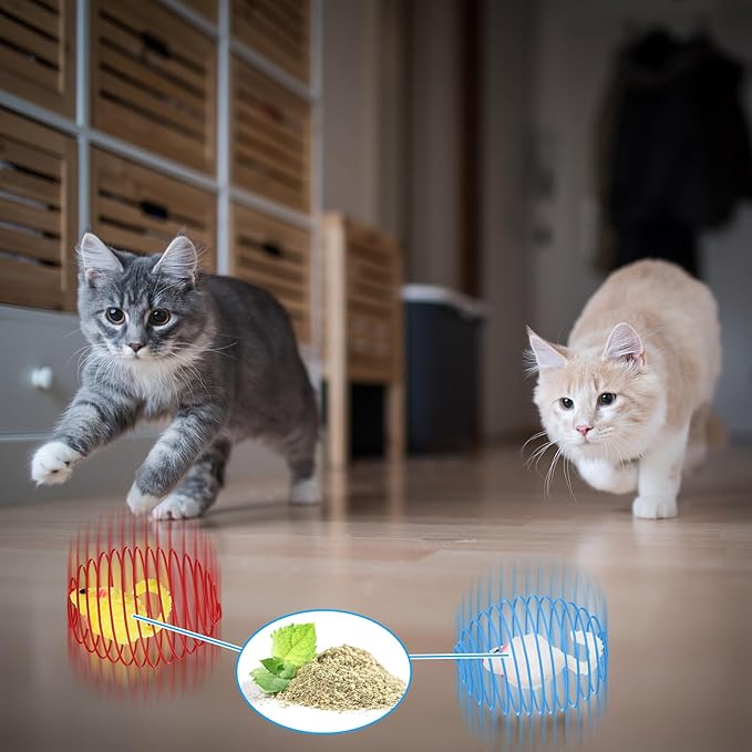 Jecery 5 Pcs Cat Spring Balls Toys Stretchable Rolling Balls Colorful Playful Coils Interactive Action Toy Caged Rats for Kitten Pet Supplies (Catnip Rats,Multicolor)