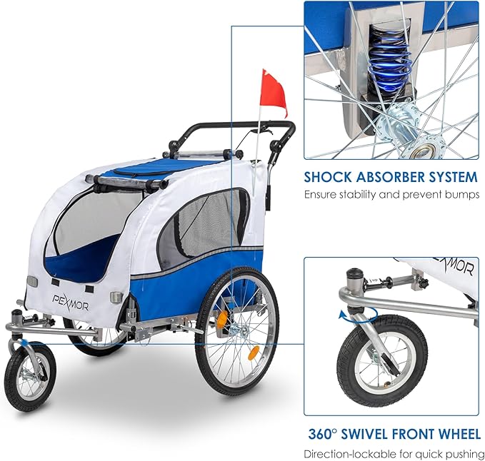 PEXMOR 2-in-1 Dog Bike Trailer, Pet Stroller Bike Trailer for Dogs w/Universal Hitch, Dog Cart for Bicycle Wagon Cargo Carrier w/Shock Absorber & Universal Wheel