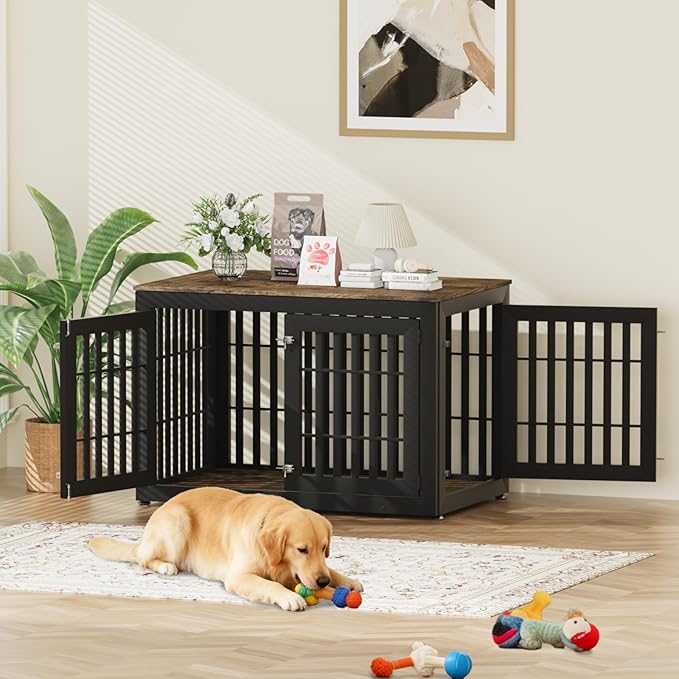 48" Heavy Duty Dog Crate Furniture for Small,Medium and Large Dogs,Rustic Wooden Dog Cage Kennel Indoor Furniture with Waterproof Top,Decorative Pet House Side End Table (Black & Wood)