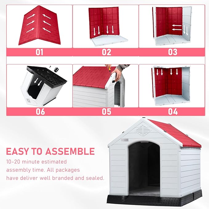 LEMBERI Durable Waterproof Plastic Dog House for Small to Large Sized Dogs, Indoor Outdoor Doghouse Insulated Puppy Shelter with Elevated Floor, Easy to Assemble (Red with Liner, 42''L*38''W*39''H)