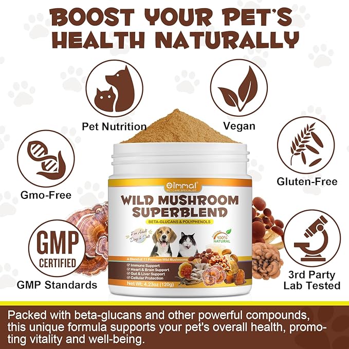 Mushroom Powder for Dogs & Cats, Natural Pet Supplement Mushroom Powder Support Immune, Heart, Brain & Liver with Turkey Tail, Reishi, Lion's Mane for Cellular Protection, Bacon Flavor - 4.23 oz(120g)
