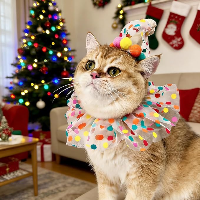 Cute Pet Birthday Costume Bandana Scarf Bib and Hat Set for Cat and Dog, Cat Dog Birthday Decorations Outfits (Polka Dot)