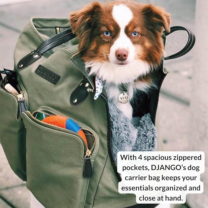 DJANGO Waxed Canvas & Leather Dog Carrier Tote Bag – Premium Soft-Sided Travel Dog Purse with Safety Leash, WR Lining, & Large Zipper Pockets – Everyday Pet Carrier for Small Dogs (Olive, Medium)