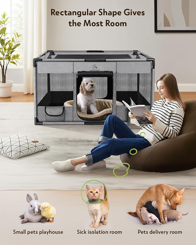 Dog Playpen,Fabric Fence, Portable Soft Cat Kennel Crate,Breathable Exercise Puppy Pen,PVC Pipe Frame,Indoor Outdoor Cage for Medium Animals Under 50 Ibs with Carrying Case(Grey L)