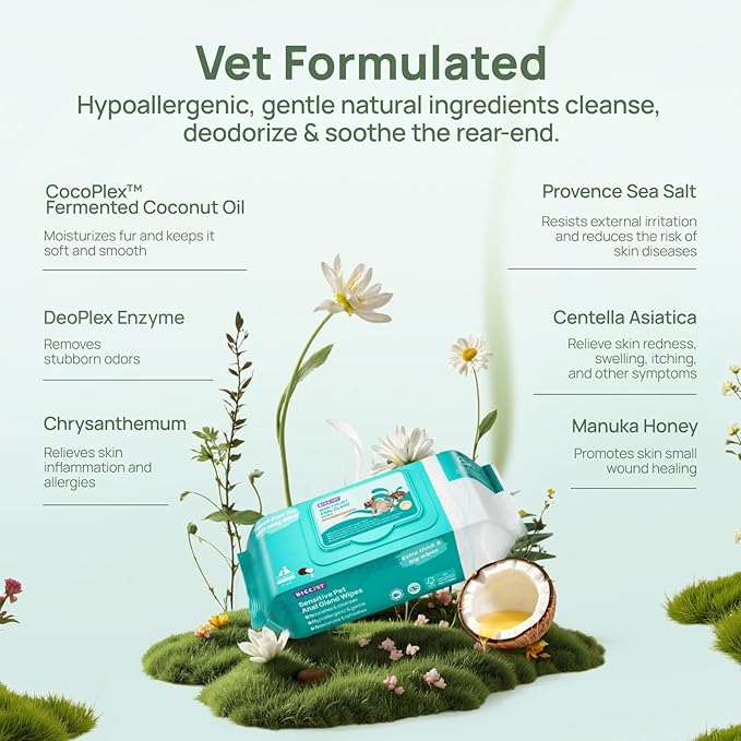 HICC PET Wipes for Dogs & Cats, Vet Recommended Cleaning Deodorizing & Soothing Allergy Infections Anal Gland Wipes, Hypoallergenic Hydrating & Nourish Fur Dog Grooming Wipes for Paw, Butt, Body
