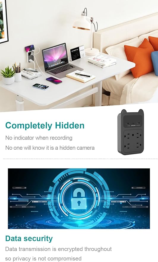 Wall Outlet Camera USB Charger Camera, 2K HD Wireless Nanny Cam with 120° Wide Angle for Home, Pets & Office Indoor Security-Black