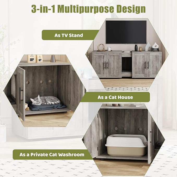 Garvee Cat Litter Box Enclosure for 2 Cats, 55" Hiddden Litter Box Enclosure Furniture 3-in-1 Wooden Litter Cabinet with Barn Door & Double Rooms for Bedroom Living Room, Gray