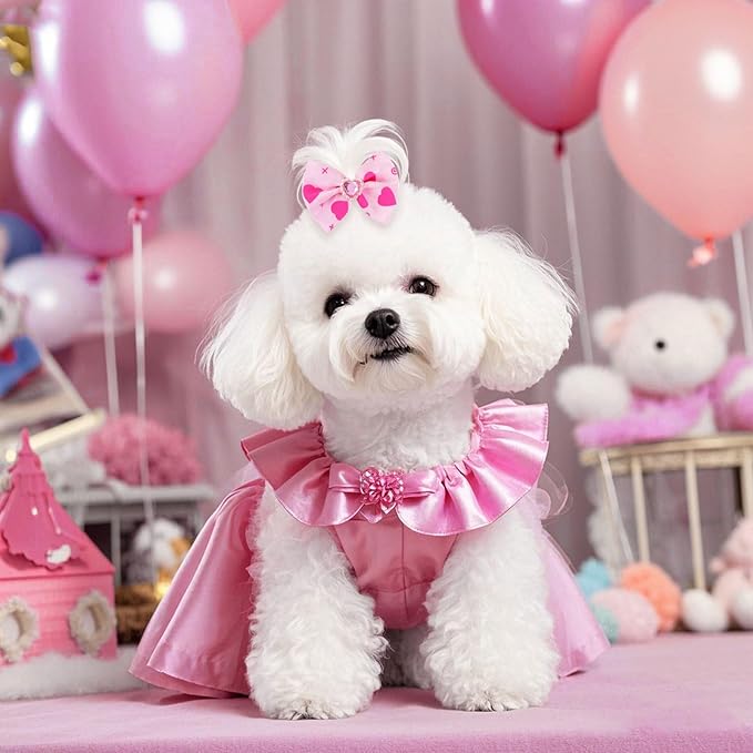 20 PCS Cute Dog Hair Bows with Rubber Bands Elastic Handmade Mix Style Lace Rhinestone Pearls for Furry Puppy Cat Pet Girl(Novel Pattern,Pink)