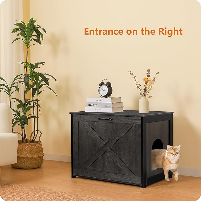 Dwanton Cat Litter Box Furniture Hidden, Cat Litter Box Enclosure, Reversible Entrance Can Be on Left or Right Side, Indoor Cabinet, Wooden Washroom, End Table, Nightstand, Dark Gray, 27.6" L