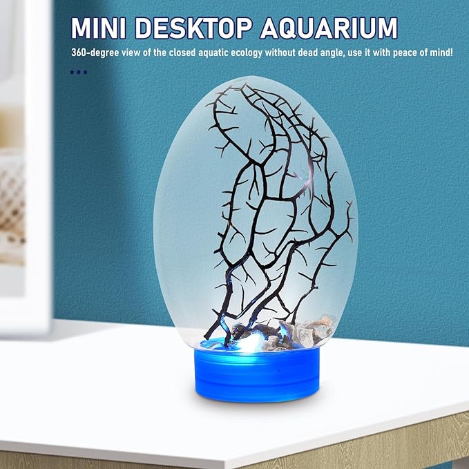 Mini Aquarium Fish Tank with LED Light, Closed Desktop Aquatic Ecosystem with Blue Base, Self-Sustaining Small Fish Bowl for Home and Office Decor