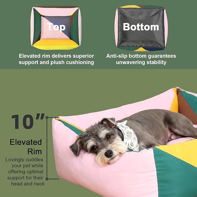 Washable Rectangle Dog Bed with Removable Cover, Color-Block Gingham Cotton Pet Sofa, Breathable Scratch Resistant Dog Bed, Medium