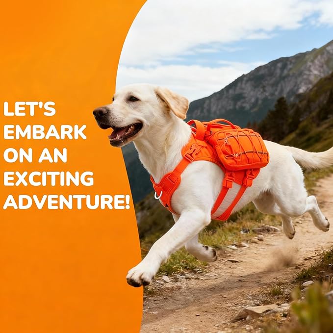 Large Dog Harness Backpack, No Pull Adjustable Dog Vest with Handle & Leash Ring, Lightweight Dog Backpack with Side Pockets for Walking, Training & Day Hikes, Orange, L