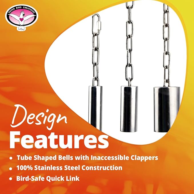 Super Bird Creations SB1241 Stainless Steel Tube Bells - Bird Cage Accessory for Sound Enrichment - Ideal for Parrots, Amazons, Greys, Cockatoos and Macaws (Small) - Made in The USA