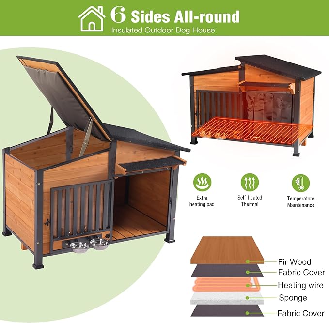 GUTINNEEN Large Heated Dog House Outdoor Insulated Dog Kennel Weatherproof with Safe Heating Pad, Full 6-Sided Insulation, Chew-Proof Metal Frame, Rotatable Spill-Proof Bowl for Large Dog Breeds
