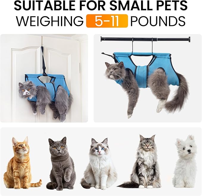 Pet Grooming Hammock for 5-11 lbs Pets, Door-Hook Hanging with Adjustable Height & Full Straps, Machine Washable with 1 Tool Bag Included Blue