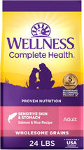 Wellness Complete Health Sensitive Skin and Stomach Dry Dog Food, Wholesome Grain Kibble, Natural, Chicken Free, Salmon and Rice Recipe, 24 lb Bag