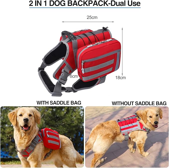 BYGD Dog Backpack for Medium to Large Dogs, Saddle Bag for Dogs to Wear for Hiking, Backpack Harness with Side Pockets for Hiking, Walking, Training, Running (L XL Red).