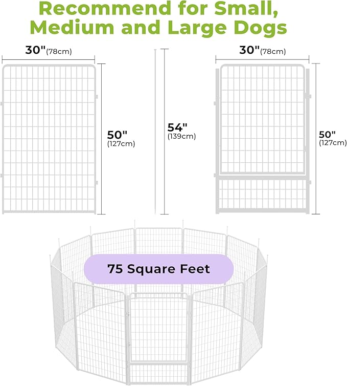 SunsGrove Indoor Dog Playpen with Wider Door, 50 inch 12 Panels Non Slip Dog Pen Indoor, Anti Rust Dog Fence, Free and Safe Play, White