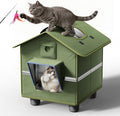 Outdoor Cat House for Outside with Elevated Base Cat-Attracting Eave Design and Cat Toys Feral Stray Shelter Weatherproof in Garage Yard Porch (Dual Camera Ports)