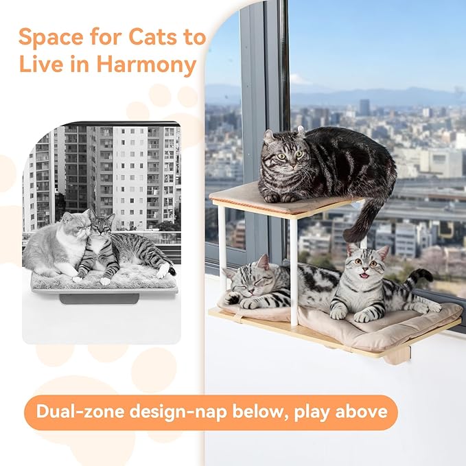 PETSFIT Cat Window Perch,Dual-Level Hammock with Suction Cups & Wooden Base, Supports Large Cats & Multi-Cat Families, Reversible Cushions, Tool-Free Installation