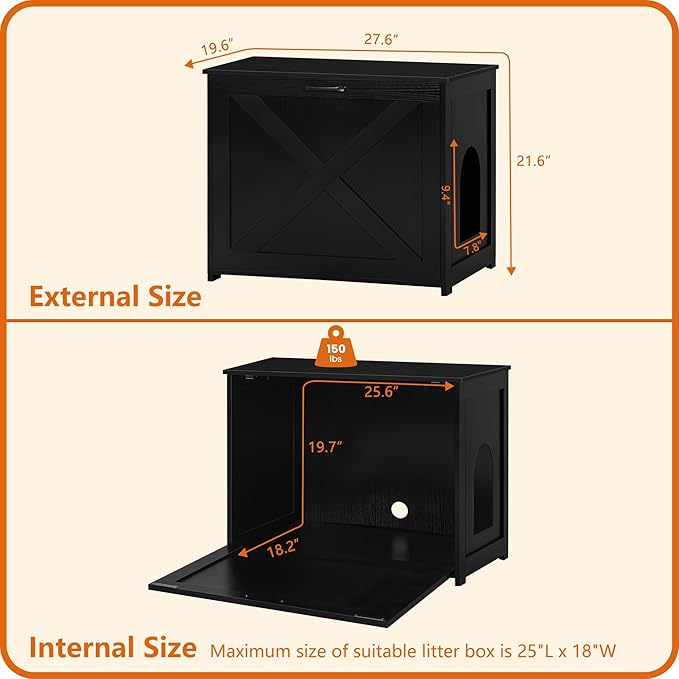 Dwanton Cat Litter Box Furniture Hidden, Cat Litter Box Enclosure, Reversible Entrance Can Be on Left or Right Side, Indoor Cabinet, Wooden Washroom, End Table, Nightstand, Black, 27.6" L