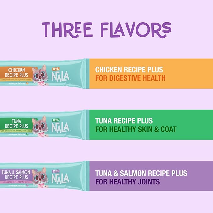 LOVE, NALA Skin & Coat Health – Tuna & Salmon + Collagen Mousse Cat Treats – Lickable Squeeze-Up Puree, Topper or Treat – Grain-Free, 24 Pack – Human-Grade Protein, Non-GMO, No Artificial Additives