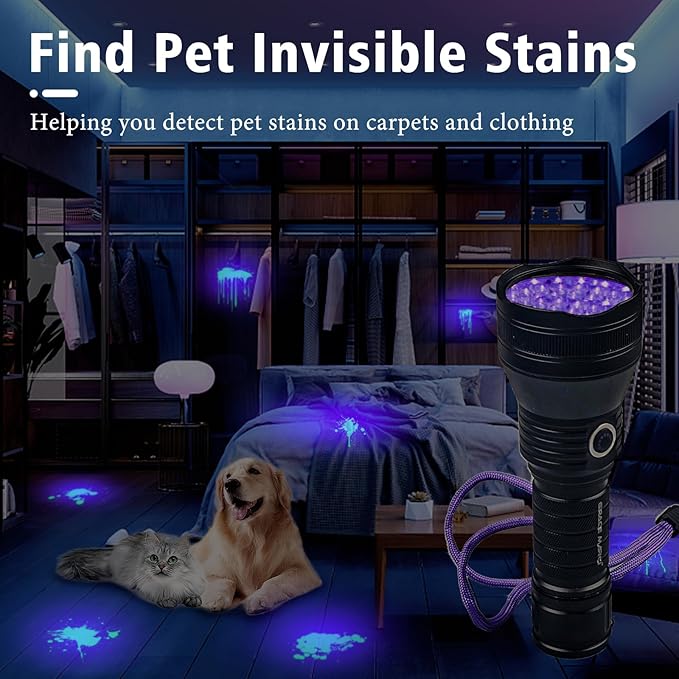 Rechargeable UV Flashlight, 51 LED 395nm Black Light, Ultraviolet Lite UV Light, Pet Urine Detector for Dog/Cat Urine, Dry Stains, Bed Bug, Resin Curing, Scorpions, Dry Pet Stains
