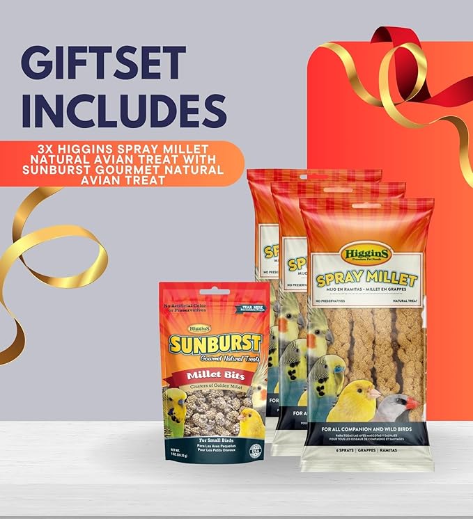 Higgins Spray Millet 6 Ct Bundle with Gourmet Natural Avian Treats –Nutrient-Rich Foraging Treat for Birds, Non-GMO & Pesticide-Free, Easy to Digest – Gift Set (4 Items)