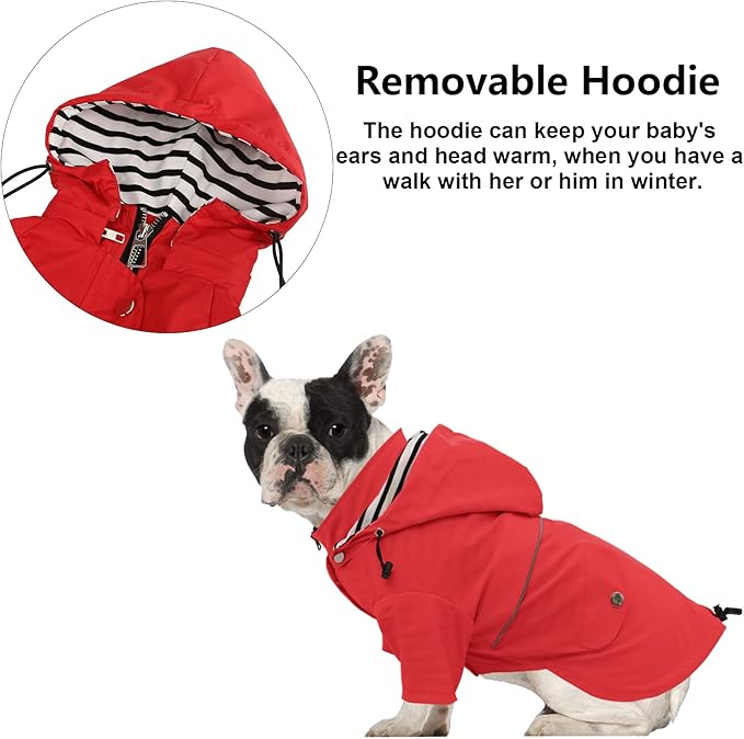 Morezi Dog Zip Up Raincoat with Reflective, Rain/Water Resistant, Adjustable Drawstring, Removable Hood, Raincoats with Legs 8lbs to 80lbs Available - Red - XS