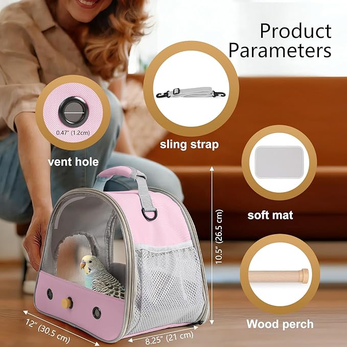 Bird Travel Carrier, Portable Small Bird Parrot Parakeet Carrier with Standing Perch, Side Access Window Collapsible
