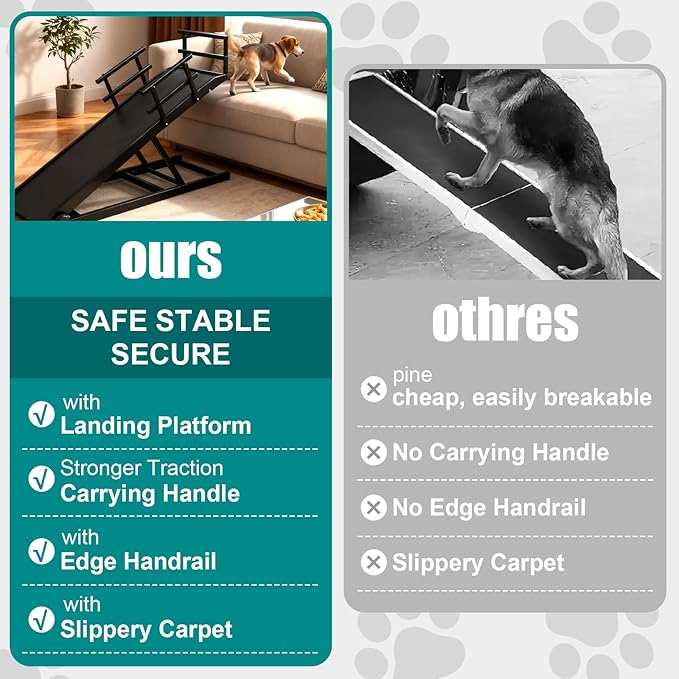 CypherX Dog Ramp for Couch or Bed, 18" W Folding Wooden Pet Ramp with Anti-Slip Rubber Mat & 3 Removable Safety Side Rails, 6 Adjustable Height from 17" to 29" for Small & Large Dogs & Cats
