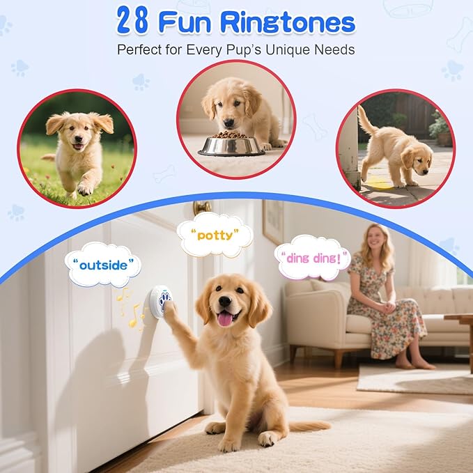 ChunHee Dog Training Bells for Door - Dog Door Bell for with 28 Custom Sounds | Dog Bell for Door Potty Training | Chew-Proof & Adjustable Volume (0-115dB) | Teach Puppies to Signal to Go Outside