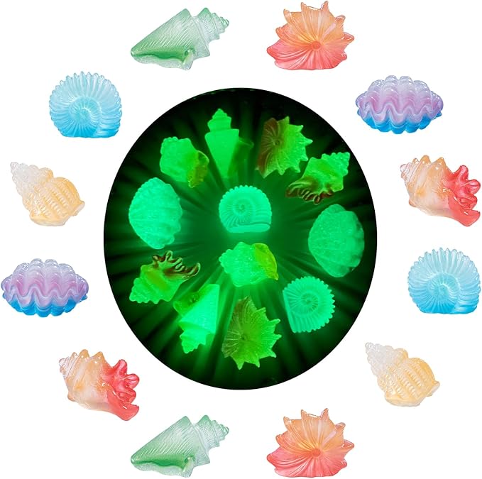MIUPOO Glow Conch,Betta Stones,Glow in The Dark Crystal,Bonsai Decor,Chips Stone Small Decorative,Fish Tank Decor,6 Colors,12 Pieces.