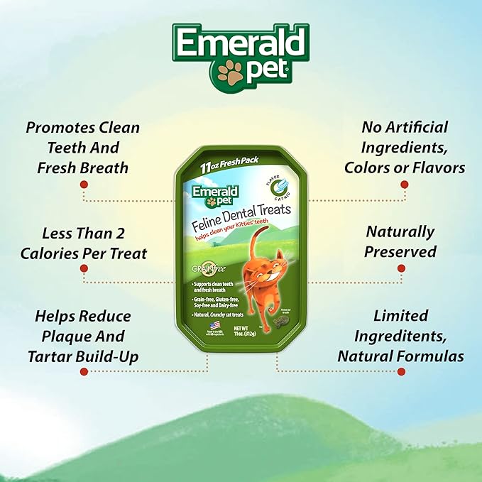 Emerald Pet Grain-Free Cat Dental Treats with Catnip – Crunchy Natural Dental Treats for Cats to Clean Teeth, Freshen Breath, and Reduce Plaque & Tartar – 11 oz Tub